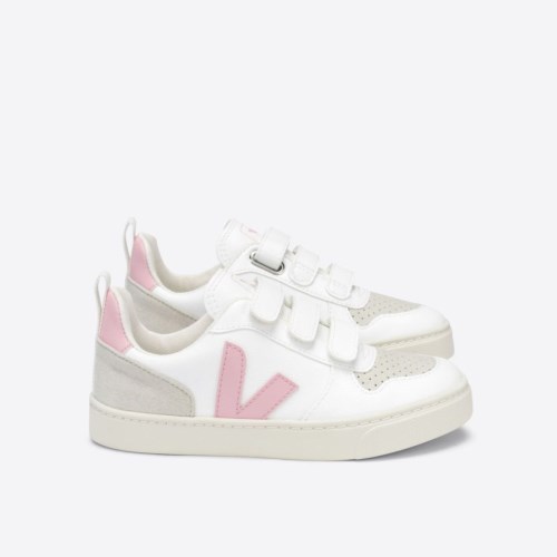 Veja V-10 Velcro CWL Kids Trainers White/Pink UK 69865